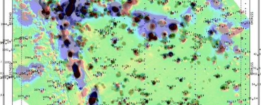 Carte d'anomalies magnétiques géoréférencée avec profondeurs estimées